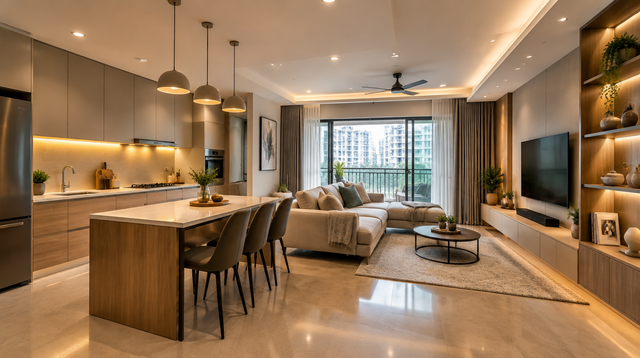 Open-concept kitchen and living area with layered lighting