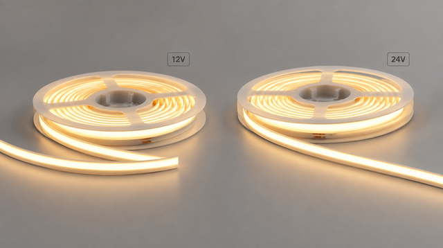 Two coiled LED strip reels side by side labeled 12V and 24V